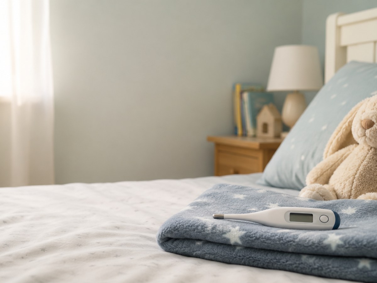 A thermometer resting on a folded blanket beside a child's stuffed animal