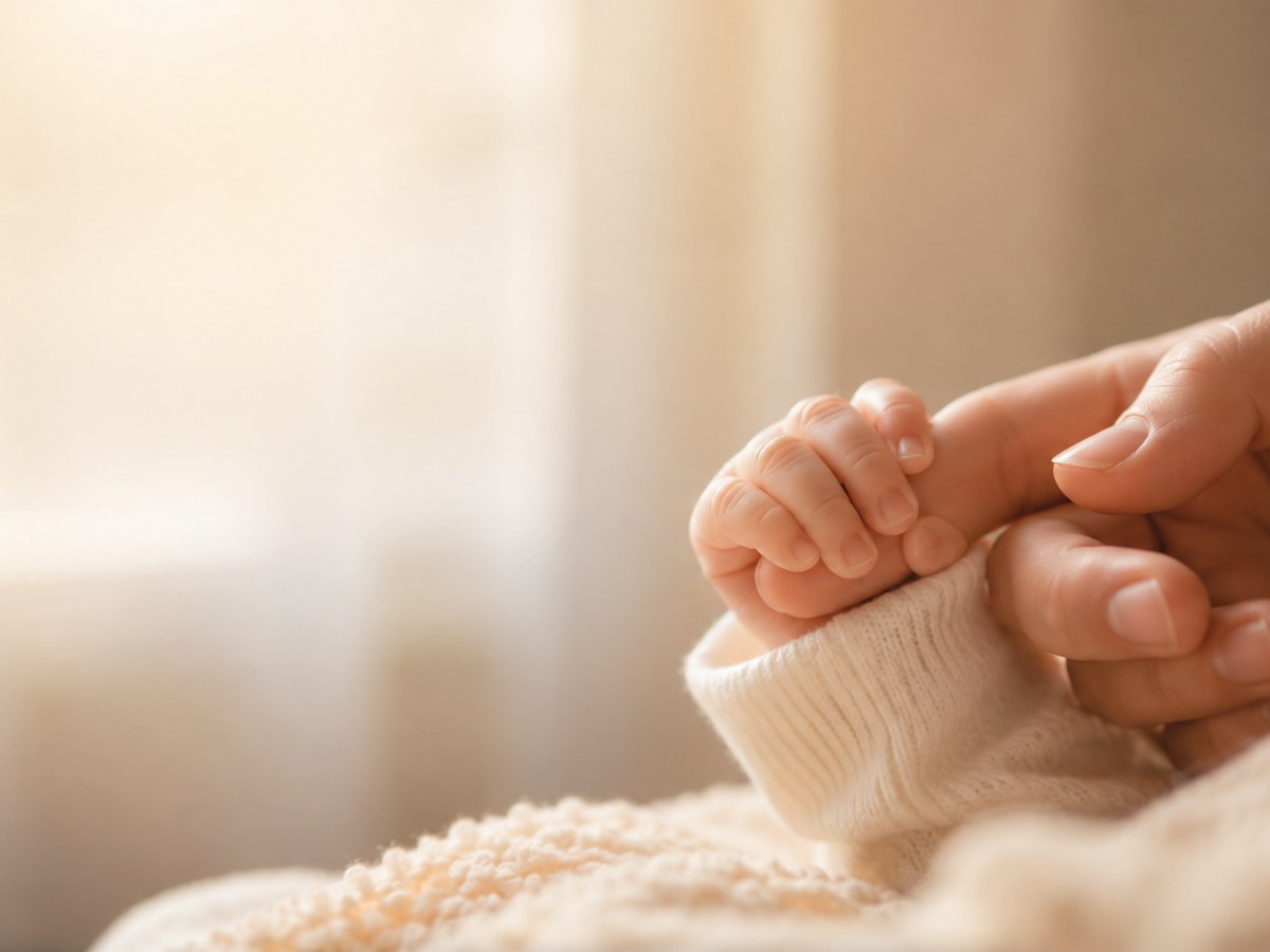 A newborn baby's tiny hand resting in a parent's finger in soft, warm light