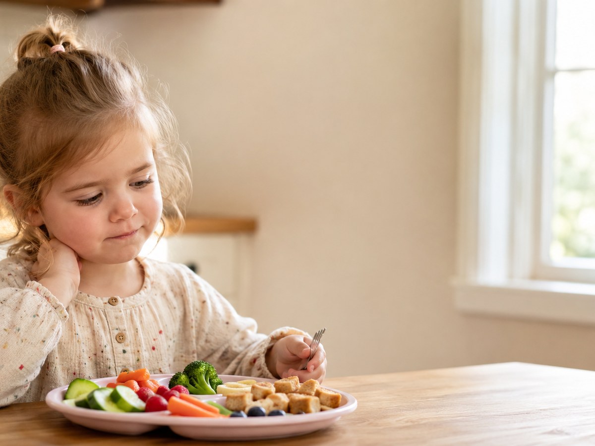 A toddler at a kitchen table with a colorful plate of food in warm window light