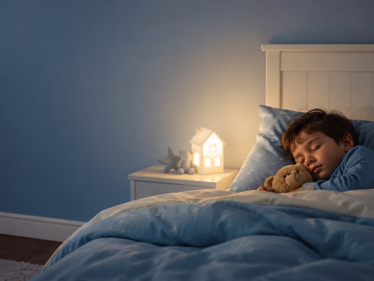 A peacefully sleeping child in a softly lit bedroom with a gentle nightlight
