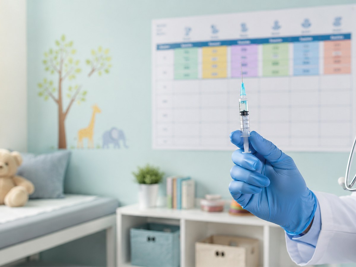 A pediatrician's gloved hand with a small vaccine syringe near a calendar