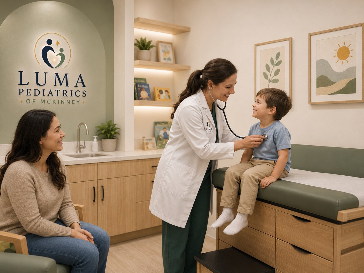 A calm, sunlit exam room designed to feel comfortable for kids and families