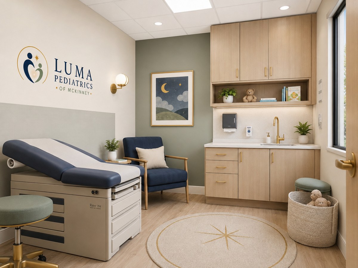 A cozy waiting area with kid-friendly seating and gentle, warm lighting