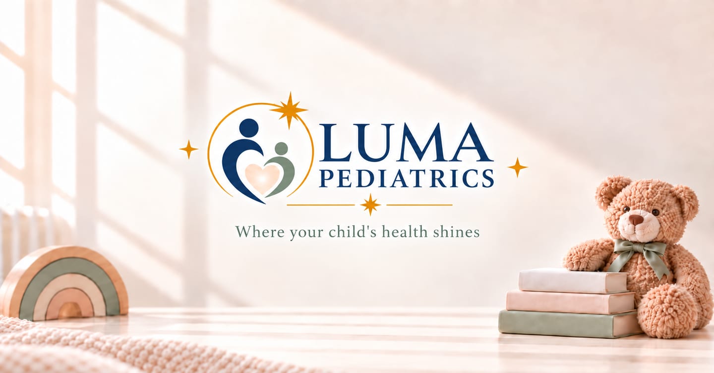 Luma Pediatrics logo above the words Where your child's health shines, set in a sunlit nursery with a teddy bear, stacked books, and a wooden rainbow