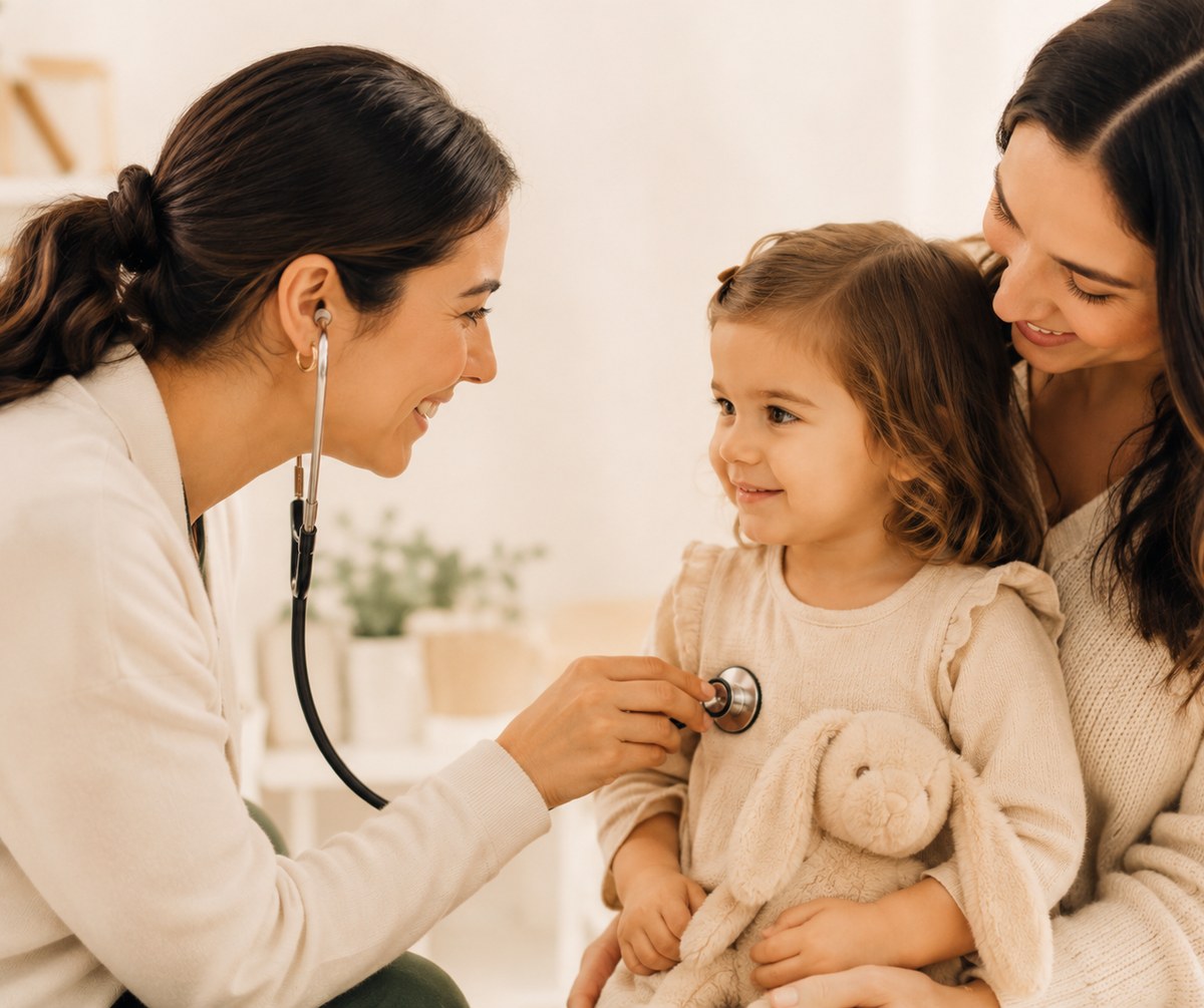 A pediatrician using a stethoscope on a smiling girl held by her mother