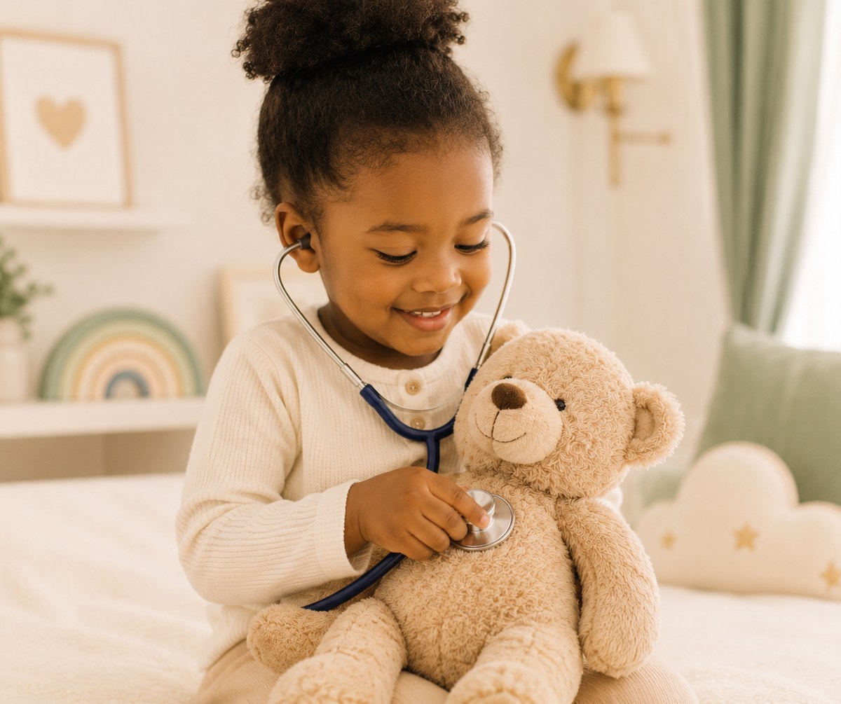 A smiling young girl using a stethoscope to listen to her teddy bear