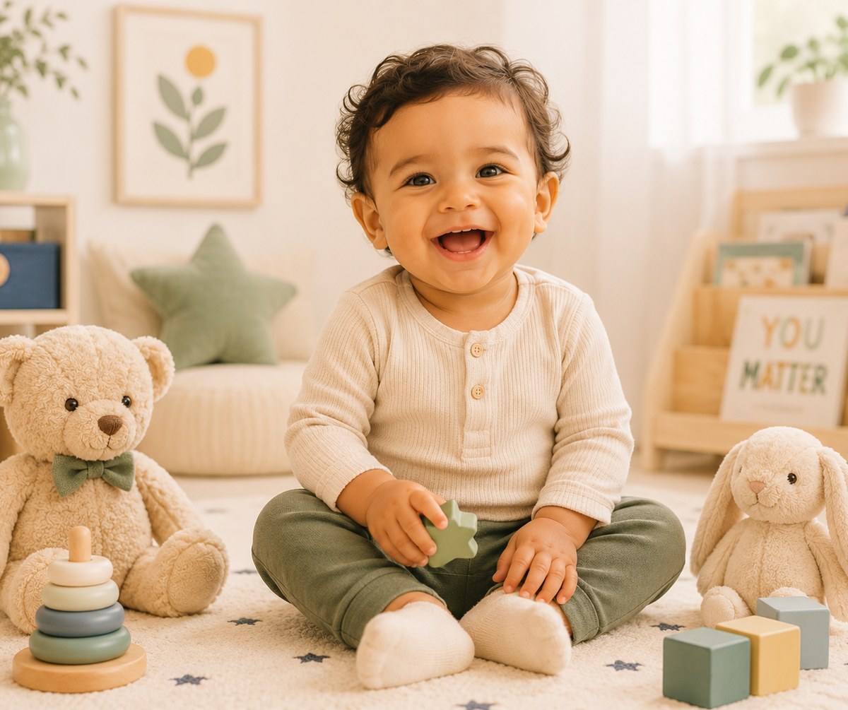 A happy toddler sitting on a rug, surrounded by a teddy bear, bunny, and stacking toys